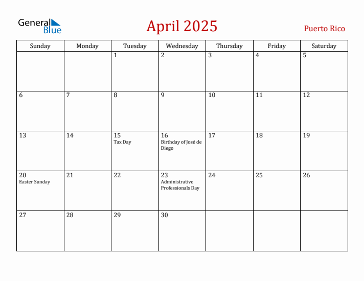Puerto Rico April 2025 Calendar - Sunday Start
