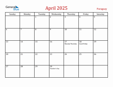 Current month calendar with Paraguay holidays for April 2025