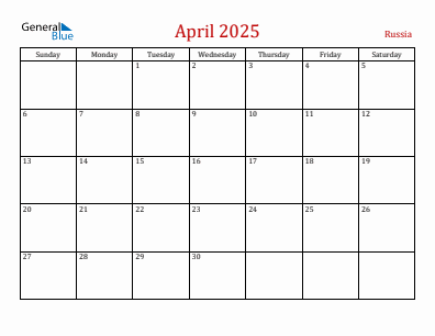Current month calendar with Russia holidays for April 2025