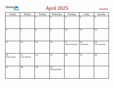 Current month calendar with Sweden holidays for April 2025