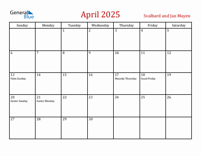 Current month calendar with Svalbard and Jan Mayen holidays for April 2025