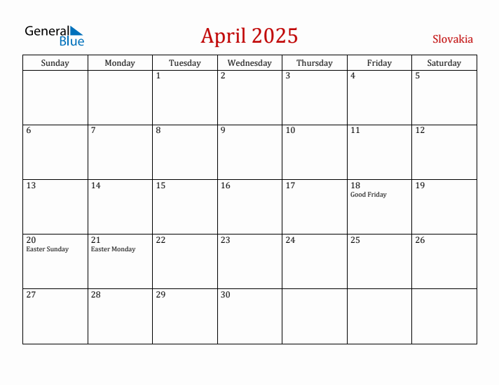 Slovakia April 2025 Calendar - Sunday Start