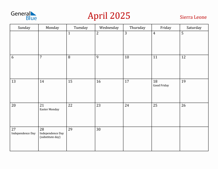 Sierra Leone April 2025 Calendar - Sunday Start