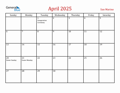 Current month calendar with San Marino holidays for April 2025