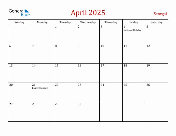 Senegal April 2025 Calendar - Sunday Start