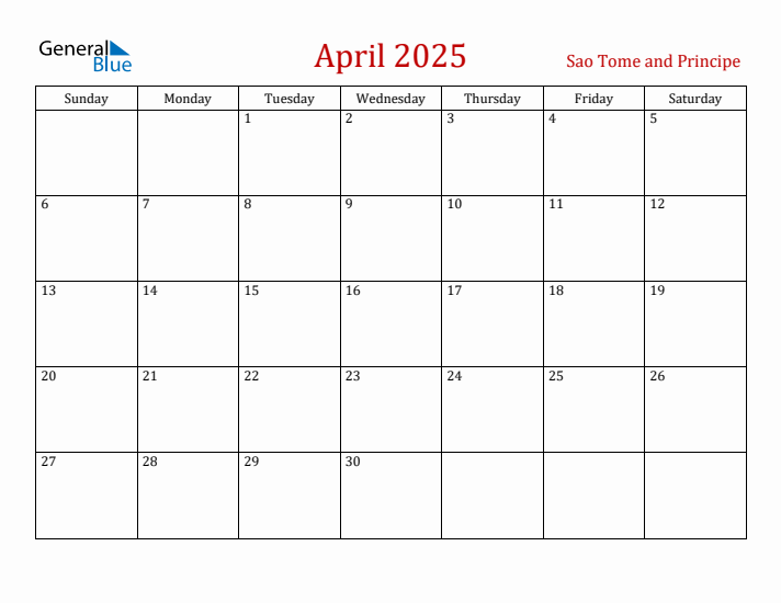 Sao Tome and Principe April 2025 Calendar - Sunday Start
