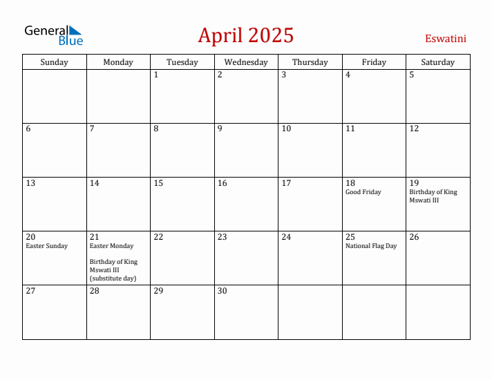 Eswatini April 2025 Calendar - Sunday Start