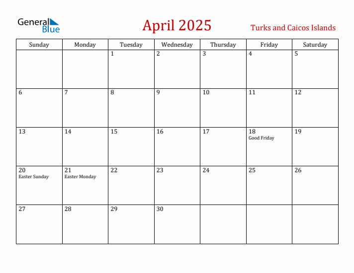 Turks and Caicos Islands April 2025 Calendar - Sunday Start