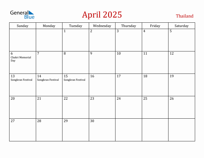 Thailand April 2025 Calendar - Sunday Start
