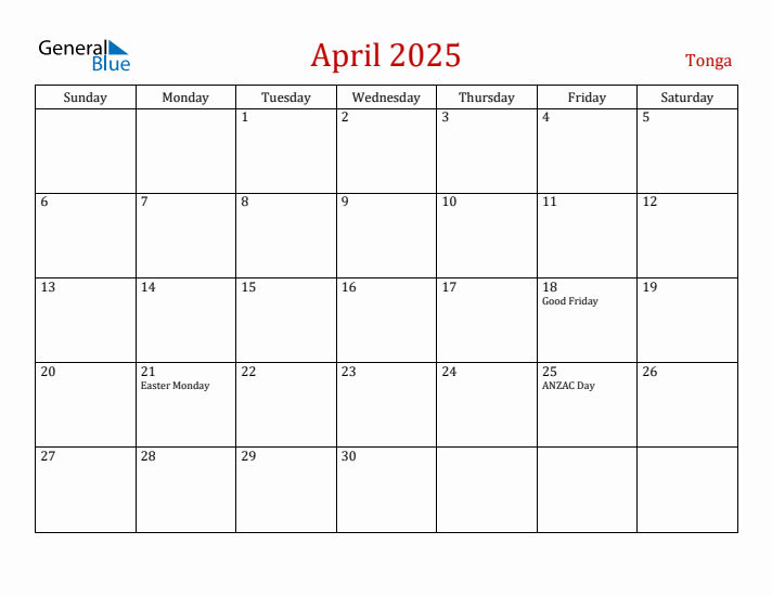 Tonga April 2025 Calendar - Sunday Start