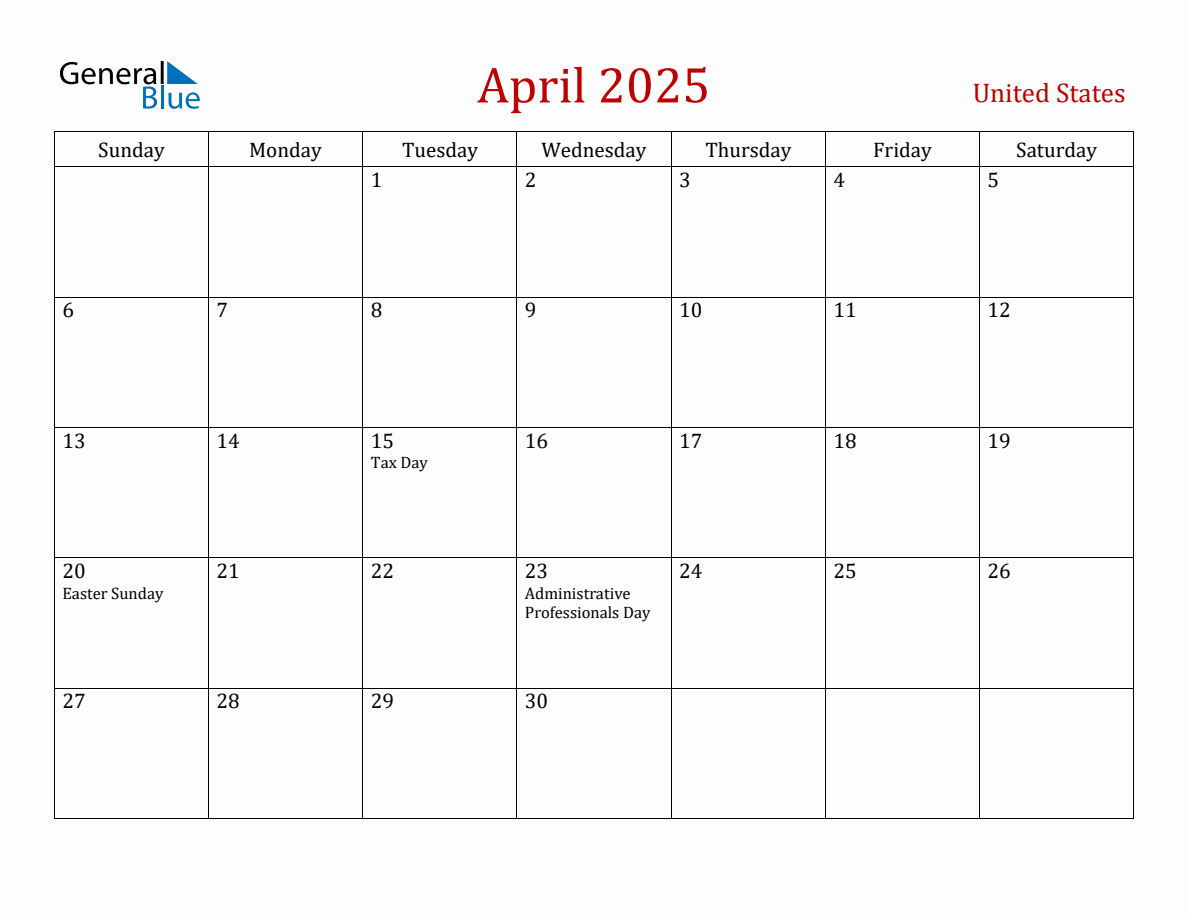 April 2025 United States Monthly Calendar with Holidays
