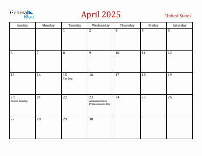 Current month calendar with United States holidays for April 2025