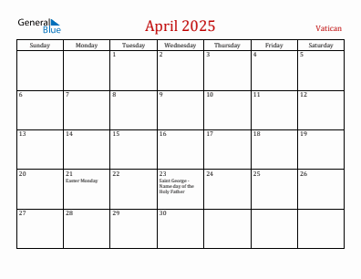 Current month calendar with Vatican holidays for April 2025