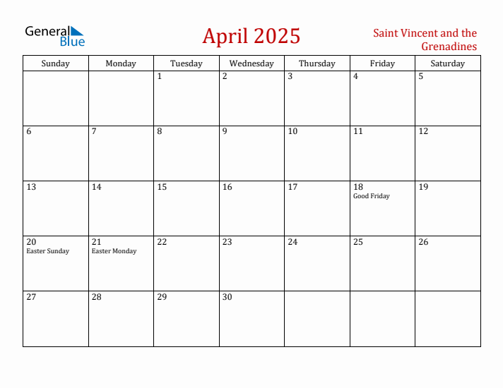 Saint Vincent and the Grenadines April 2025 Calendar - Sunday Start