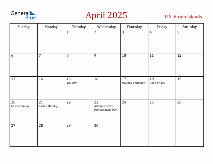 U.S. Virgin Islands April 2025 Calendar - Sunday Start