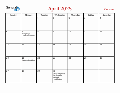 Current month calendar with Vietnam holidays for April 2025