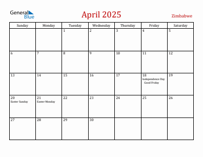 Current month calendar with Zimbabwe holidays for April 2025