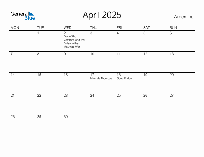 Printable April 2025 Calendar for Argentina