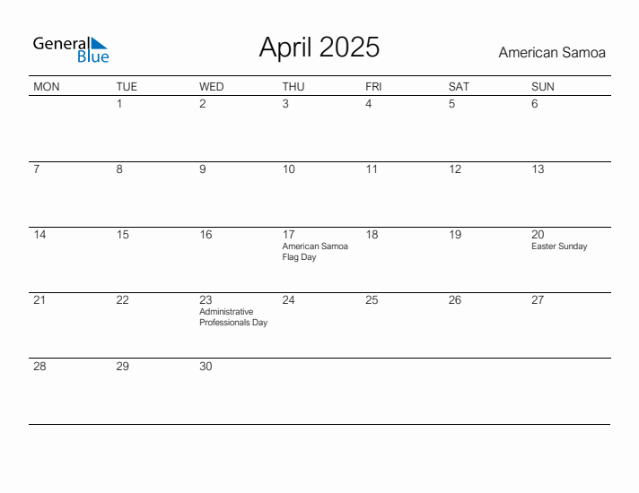 Printable April 2025 Calendar for American Samoa