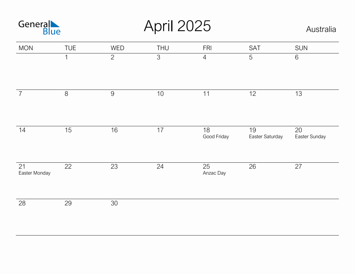 Printable April 2025 Monthly Calendar with Holidays for Australia
