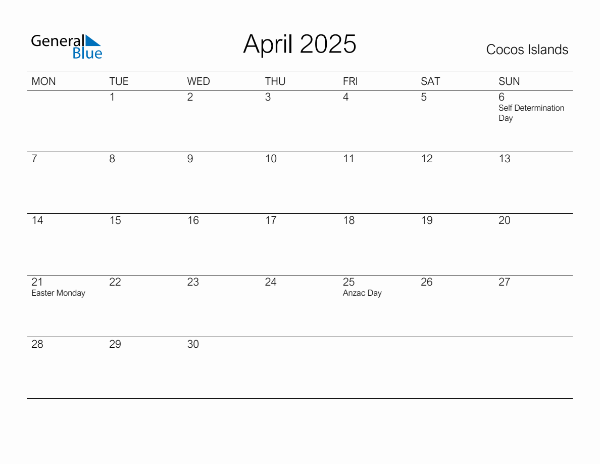 Printable April 2025 Monthly Calendar with Holidays for Cocos Islands