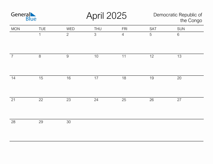 Printable April 2025 Calendar for Democratic Republic of the Congo