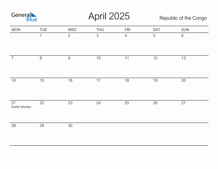 Printable April 2025 Calendar for Republic of the Congo