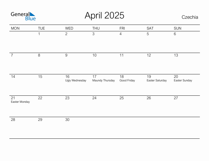 Printable April 2025 Calendar for Czechia