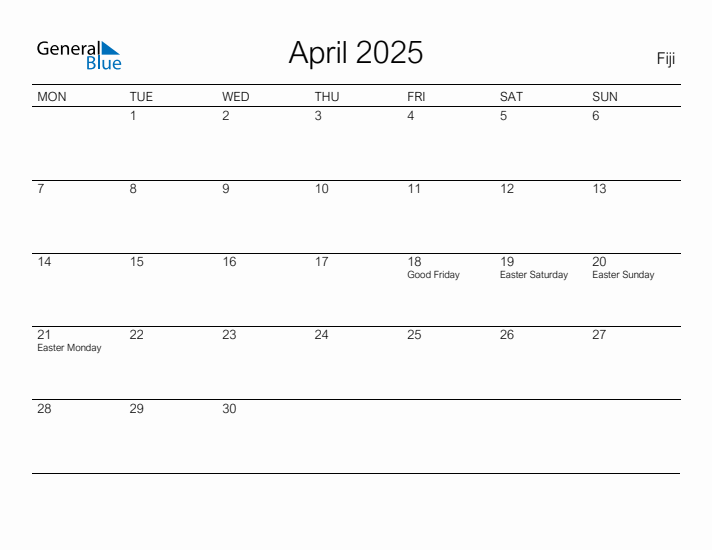 Printable April 2025 Calendar for Fiji