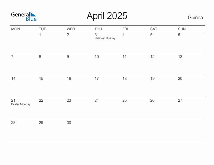Printable April 2025 Calendar for Guinea