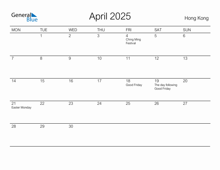 Printable April 2025 Calendar for Hong Kong