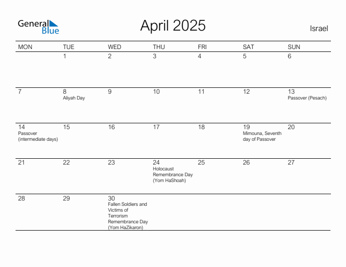 Printable April 2025 Calendar for Israel