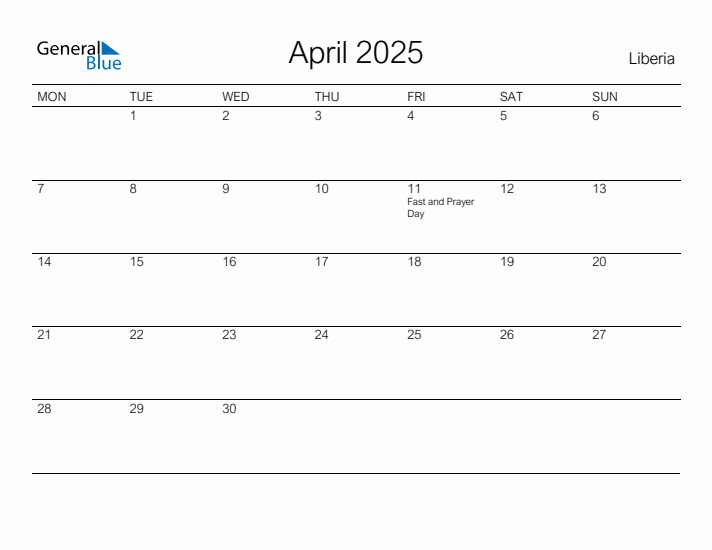 Printable April 2025 Calendar for Liberia