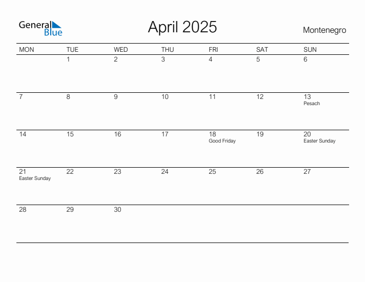 Printable April 2025 Calendar for Montenegro