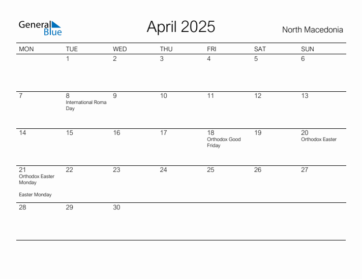 Printable April 2025 Calendar for North Macedonia