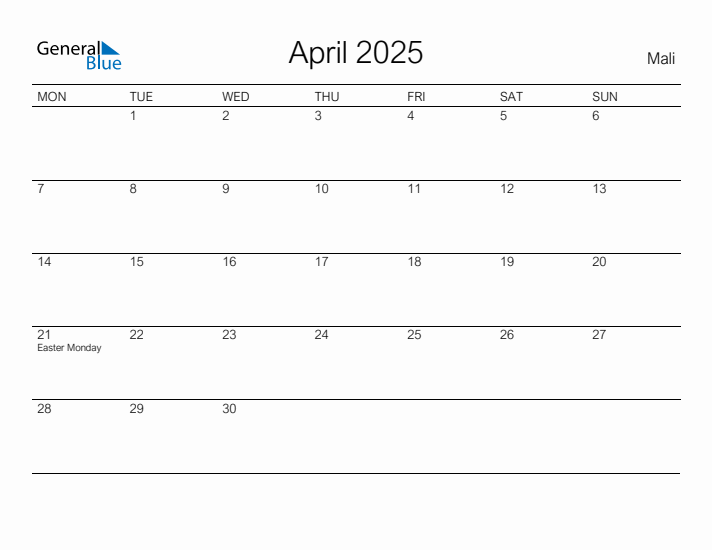 Printable April 2025 Calendar for Mali
