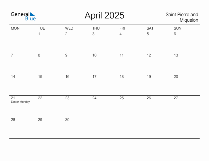 Printable April 2025 Calendar for Saint Pierre and Miquelon