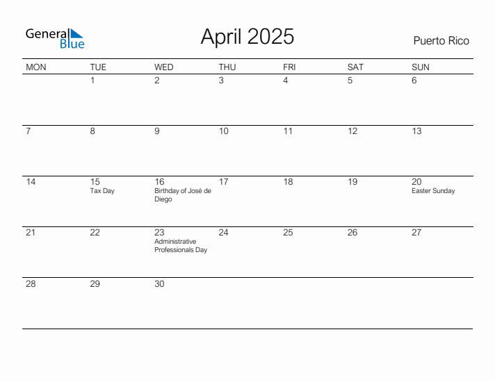 Printable April 2025 Calendar for Puerto Rico