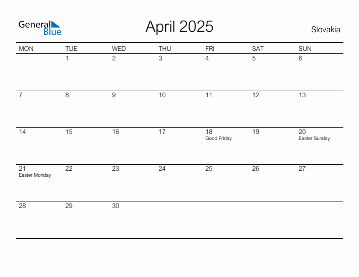 Printable April 2025 Calendar for Slovakia