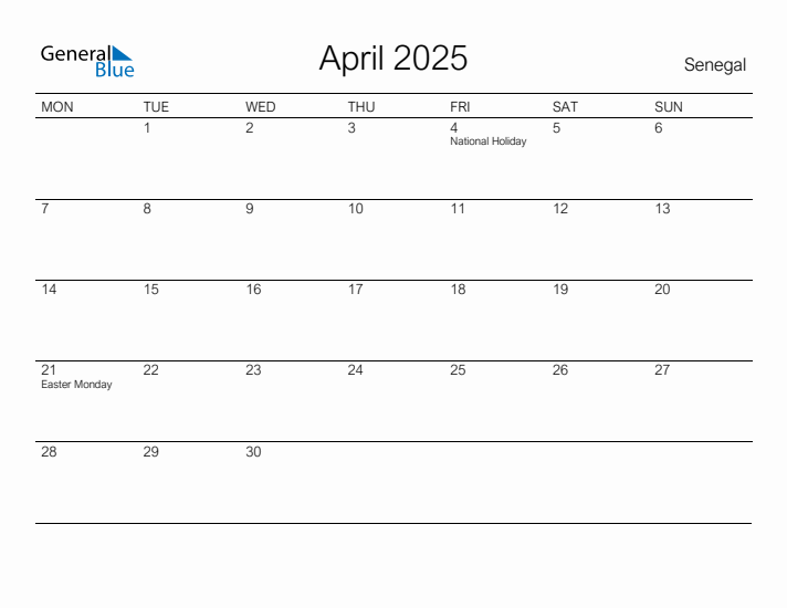 Printable April 2025 Calendar for Senegal