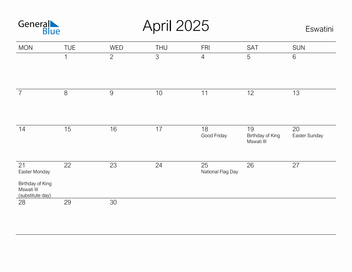 Printable April 2025 Monthly Calendar with Holidays for Eswatini ...