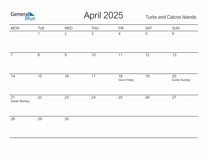 Printable April 2025 Calendar for Turks and Caicos Islands