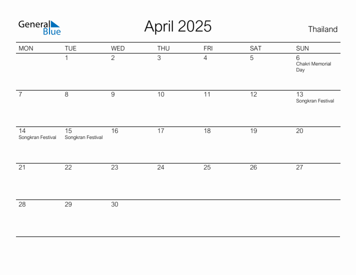 Printable April 2025 Calendar for Thailand