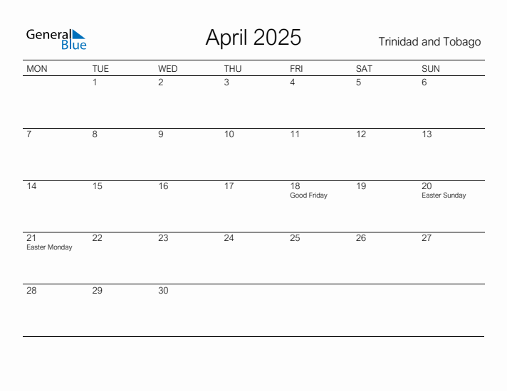 Printable April 2025 Calendar for Trinidad and Tobago