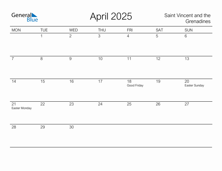Printable April 2025 Calendar for Saint Vincent and the Grenadines