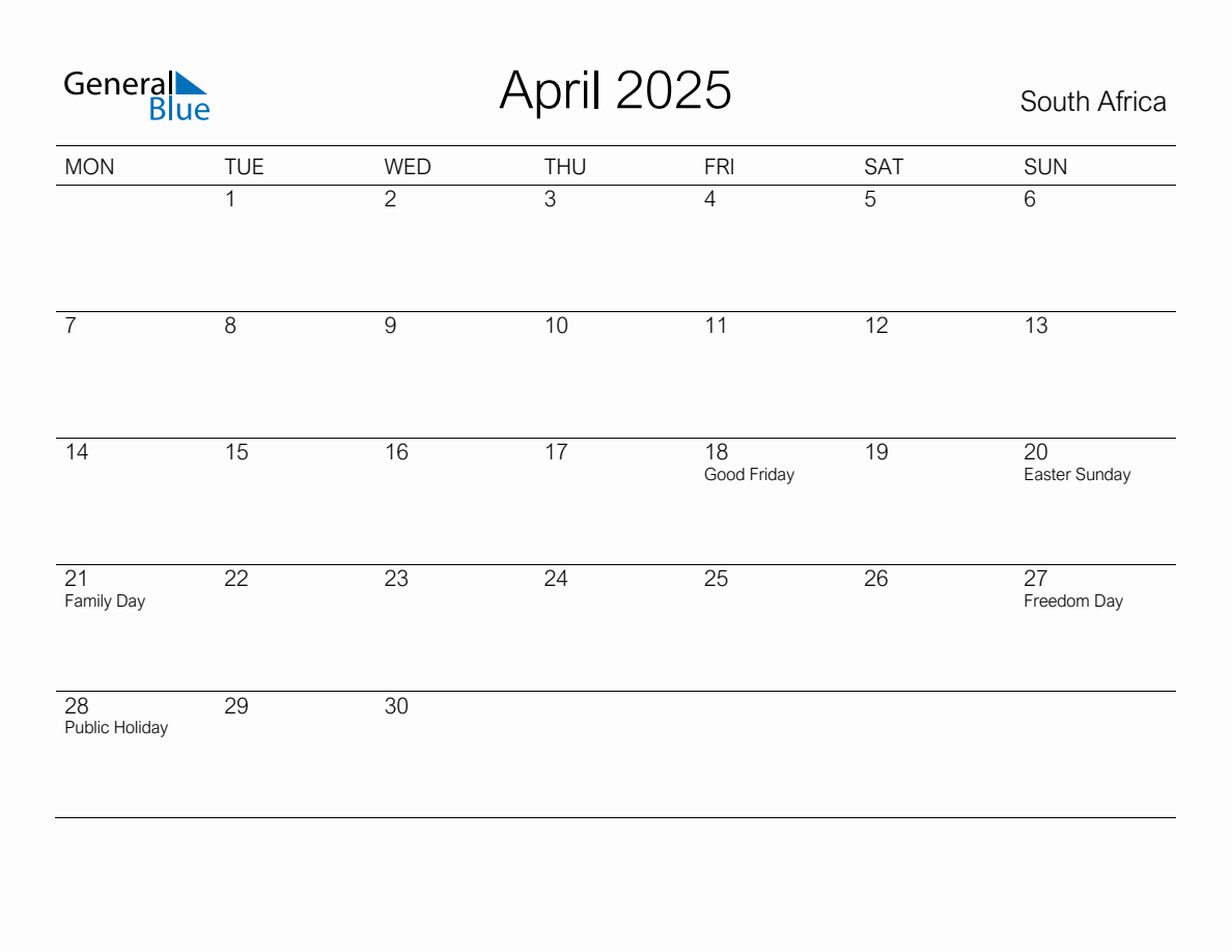 Printable April 2025 Monthly Calendar with Holidays for South Africa ...