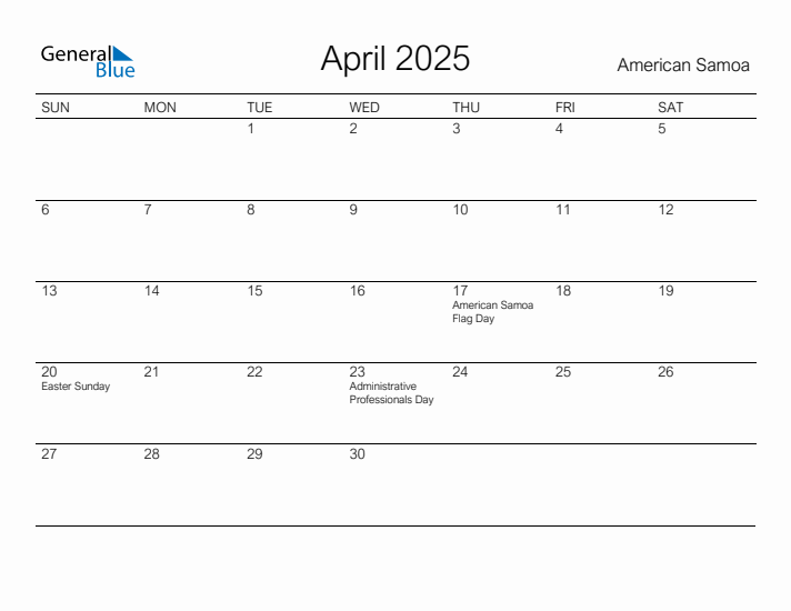 Printable April 2025 Calendar for American Samoa