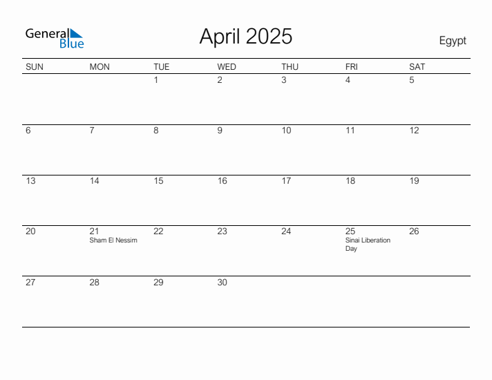 Printable April 2025 Calendar for Egypt