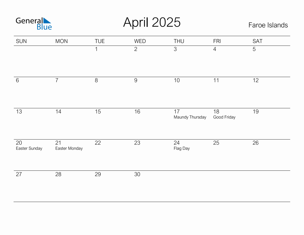 Printable April 2025 Monthly Calendar with Holidays for Faroe Islands