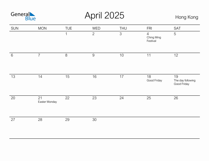 Printable April 2025 Calendar for Hong Kong